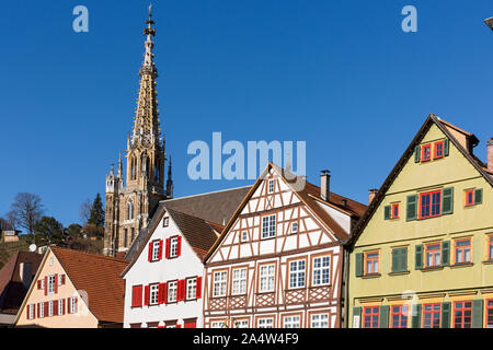 Marktplatz, Esslingen am Neckar, Hauszeile, Kirchturm Stockfoto