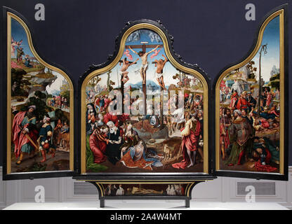 Triptychon mit der Kreuzigung Christi c 1515-1517 von dem Maler/Künstler: Cornelis Cornelis Engelbrechtsz Engebrechtsz aka. (ca. 1462 - 1527) Öl auf Leinwand Stockfoto