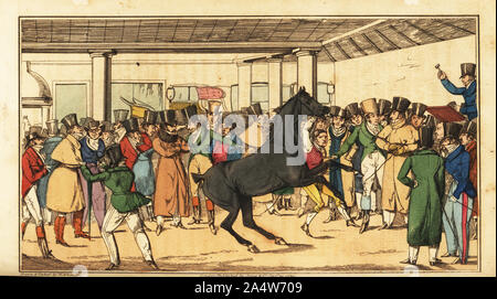 Regency Herren an Pferde bei Tattersall's horse Auktionatoren. Herren, Spieler und Jockeys in oberen Hüte und Mäntel. Tattersals. Tom und Bob auf der Suche nach einem guten unter den Tiefen. Papierkörbe Kupferstich nach einer Illustration von Henry Alken aus dem echten Leben in London, oder die weiteren Wanderungen und Abenteuer von Bob Tallyho, Esq. und sein Cousin Hon. Tom Dashall, durch die Metropole, Jones, London 1821. Anonyme Imitation von Pierce Egan Leben in London. Stockfoto