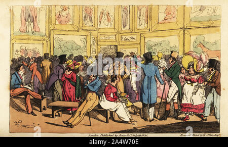 Regency dandies und Damen an der Königlichen Akademie der kunst Ausstellung. Ausstellung, Somerset House. Tom & Bob unter den Kennern. Papierkörbe Kupferstich nach einer Illustration von Henry Alken aus dem echten Leben in London, oder die weiteren Wanderungen und Abenteuer von Bob Tallyho, Esq. und sein Cousin Hon. Tom Dashall, durch die Metropole, Jones, London 1821. Anonyme Imitation von Pierce Egan Leben in London. Stockfoto