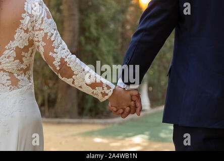 Glückliche Brautpaar Hand in Hand gehen in einen Park Stockfoto