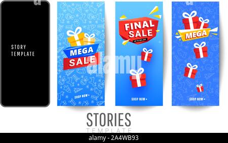 Satz von Weihnachten Geschichten Verkauf banner Hintergrund mit roten Überraschung Geschenkboxen, Schnee auf einem blauen Hintergrund kann für mobile App, Plakat, Flyer verwendet werden, cou Stock Vektor