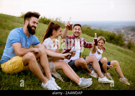 Gruppe der glückliche junge Freunde auf dem auf dem Gras an einem Hügel und trinken Apfelwein sitzen Stockfoto