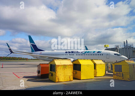HALIFAX, Nova Scotia-5 OKT 2019 - Blick auf eine Ebene aus Kanadische Fluggesellschaft WestJet (WS) im Halifax Stanfield International Airport (YHZ) in Halifax, Stockfoto