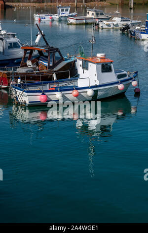 Hafen von Folkestone. Mit Fischerbooten und Yachten, kleinen Booten und Schnellbooten. Durch die massive Hafen Mauer geschützt. Stockfoto