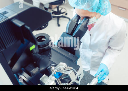 Frau Doktor arbeiten am Manipulator befruchtete menschliche Eizellen Stockfoto