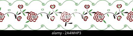 Die nahtlose Vektor Grenze drucken mit Folk Rosen heartsand Blätter Stock Vektor