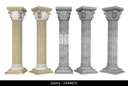 Spalten mit Kapital aus unterschiedlichen Blickwinkeln auf weißem Hintergrund. 3D-Rendering. 3D-Darstellung Stockfoto