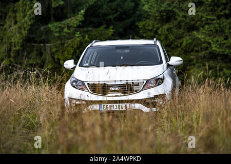 Kia Sportage 2.0 CRDI Awd oder 4x4, Farbe weiß, Überqueren einer tiefen Gras auf Landstraße, AWD tehnology in diesem Off-Road-Aktion hilft. Stockfoto