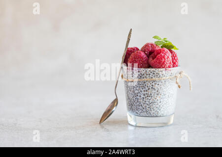 Frische Chia Milchreis mit frischen Himbeeren. Der Pudding ist von Chia Samen, Mandelmilch und Agavendicksaft hergestellt und ist mit Melisse und Minze dekoriert le Stockfoto