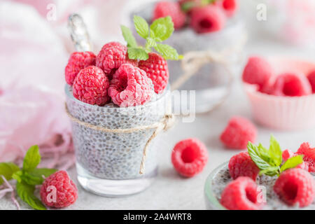 Frische Chia Milchreis mit frischen Himbeeren. Der Pudding ist von Chia Samen, Mandelmilch und Agavendicksaft hergestellt und ist mit Melisse und Minze dekoriert le Stockfoto