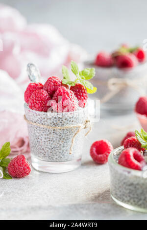 Frische Chia Milchreis mit frischen Himbeeren. Der Pudding ist von Chia Samen, Mandelmilch und Agavendicksaft hergestellt und ist mit Melisse und Minze dekoriert le Stockfoto