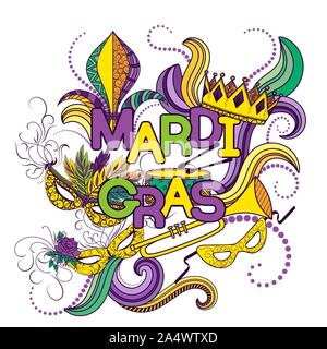 Mardi Gras oder Faschingsdienstag. Bunte Hintergrund mit Karneval Maske und Hüte, Jester's Hut, Kronen, Fleur de Lis, Federn und Bänder. Vector Illustration Stock Vektor