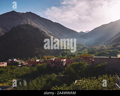 Morgen Ansicht von Imlil Tal im marokkanischen Atlasgebirge, Toubkal Nationalpark, Afrika Stockfoto