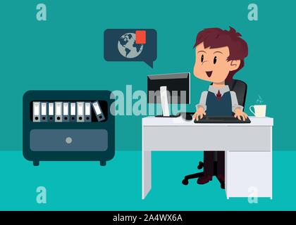 Im Büro am Schreibtisch vor dem Computer sitzen, erhalten eine Benachrichtigung, trend Thema, Konzept der online arbeiten. Stockfoto