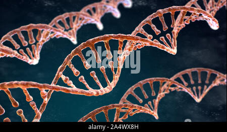 DNA-Stränge spiralförmig auf dem dunklen Hintergrund Stockfoto