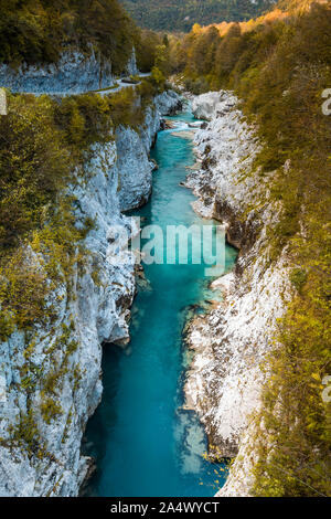 Türkis Soca River fließt in den felsigen Canion in Slowenien. Stockfoto