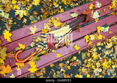 Weibliche Regenschirm einen Stock mit der Gefallenen maple leaf auf Holz Parkbank fallen vergessen, Ansicht von oben. Bunte Herbst Hintergrund Stockfoto