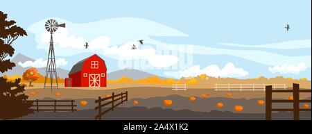 Ländliche Abbildung mit Kürbissen und roten Scheune. Stock Vektor