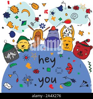 Bunte tierischen Freunde Sammlung einschließlich walross, Hippo, Ziege, Katze, Hirsch, Bär. Cute Hand gezeichnet Doodles. Gut für Poster, Aufkleber, Karten, Alphabet und Stock Vektor