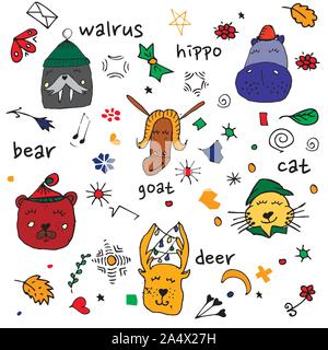 Bunte tierischen Freunde Sammlung einschließlich walross, Hippo, Ziege, Katze, Hirsch, Bär. Cute Hand gezeichnet Doodles. Gut für Poster, Aufkleber, Karten, Alphabet und Stock Vektor