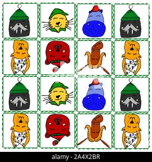 Bunte tierischen Freunde Sammlung einschließlich walross, Hippo, Ziege, Katze, Hirsch, Bär. Cute Hand gezeichnet Doodles. Gut für Poster, Aufkleber, Karten, Alphabet und Stock Vektor