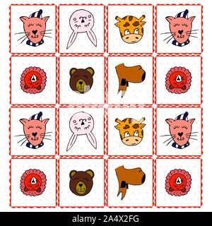 Bunte tierischen Freunde Sammlung einschließlich Hund, Katze, Giraffe, Bär, Löwe, Hase. Cute Hand gezeichnet Doodles. Gut für Poster, Aufkleber, Karten, Alphabet Stock Vektor