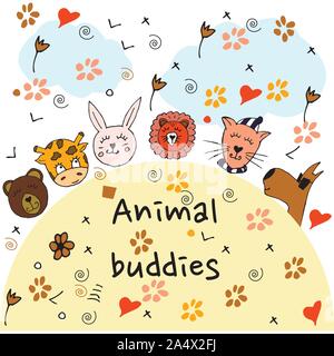 Bunte tierischen Freunde Sammlung einschließlich Hund, Katze, Giraffe, Bär, Löwe, Hase. Cute Hand gezeichnet Doodles. Gut für Poster, Aufkleber, Karten, Alphabet Stock Vektor