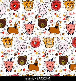 Bunte tierischen Freunde Sammlung einschließlich Hund, Katze, Giraffe, Bär, Löwe, Hase. Cute Hand gezeichnet Doodles. Gut für Poster, Aufkleber, Karten, Alphabet Stock Vektor