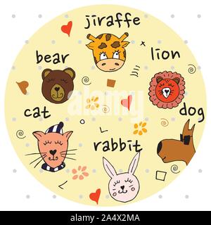 Bunte tierischen Freunde Sammlung einschließlich Hund, Katze, Giraffe, Bär, Löwe, Hase. Cute Hand gezeichnet Doodles. Gut für Poster, Aufkleber, Karten, Alphabet Stock Vektor