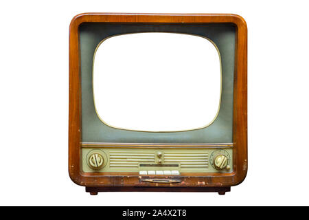 Vintage Fernsehen mit ausgeschnittenen Maske für Mock up auf weißem Hintergrund. Retro tv mit Holz. Stockfoto