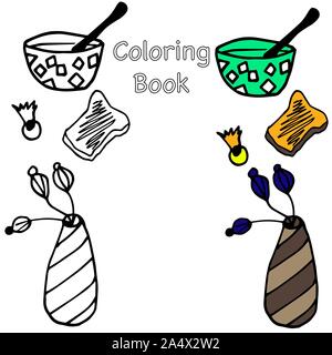 Doodle Vector Illustration. Symbole für Frühstück, Ornament. Farbige Elemente für Logo, Label, Menü, Cafe Shop. Flache Hand gezeichneten Elemente. Malbuch Stock Vektor