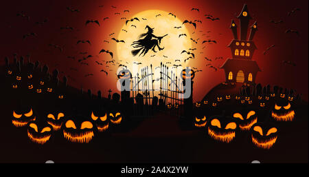 Halloween Hintergrund mit Hexe und Kürbisse. halloween Banner. Vector