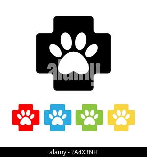 Tierärztliche Apotheke unterzeichnen. Satz von schwarzen Kreuz mit Paw tierärztliche Versorgung Symbol. Stock Vektor
