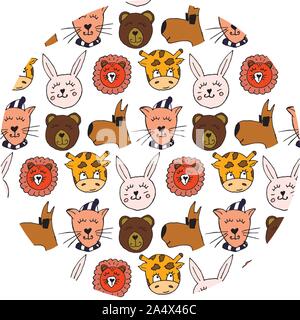 Bunte tierischen Freunde Sammlung einschließlich Hund, Katze, Giraffe, Bär, Löwe, Hase. Cute Hand gezeichnet Doodles. Gut für Poster, Aufkleber, Karten, Alphabet Stock Vektor