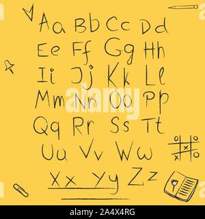 Vektor mit handgeschriebenen ABC Buchstaben auf gelbem Hintergrund. Kalligraphie Sammlung. Gut für Buch, Zeitschrift, eine Postkarte oder eine andere Dekoration. Hrsg. Stock Vektor