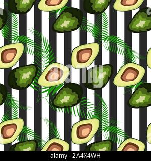 Nahtlose Muster mit Tiger stripes und tropische Früchte und Blätter. Muster mit Avocado. Stock Vektor