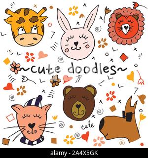 Bunte tierischen Freunde Sammlung einschließlich Hund, Katze, Giraffe, Bär, Löwe, Hase. Cute Hand gezeichnet Doodles. Gut für Poster, Aufkleber, Karten, Alphabet Stock Vektor