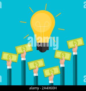 Hand hält Geld und Glühlampe. Investition in Innovation Konzept. Modernes flaches design Grafik. Vector Illustration Stock Vektor