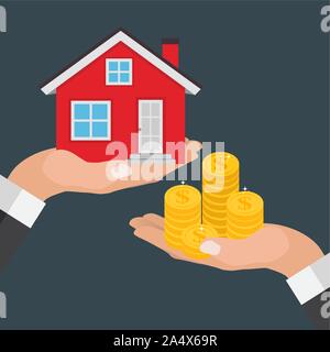 Immobilien Konzept. Kaufen Haus Plakat mit Männer Händen Geld für den Hausbau. Vector Illustration Stock Vektor