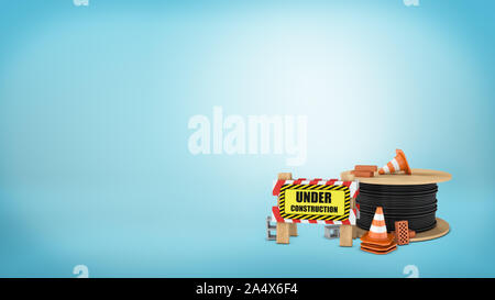 3D-Rendering für eine mehrere Leitkegel, roten und grauen Ziegeln, eine volle Trommel aus Stahlseil eine Barriere mit einem 'im Bau. Stockfoto