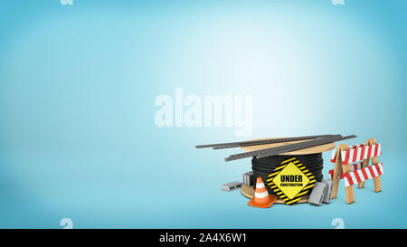 3D-Rendering für eine mehrere Leitkegel, roten und grauen Ziegeln, Blockade, Stahldraht und Balken und einer Straße arbeitet. Stockfoto