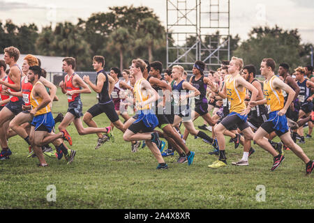 Männliche Läufer zu Beginn der High School Cross Country Rennen Stockfoto