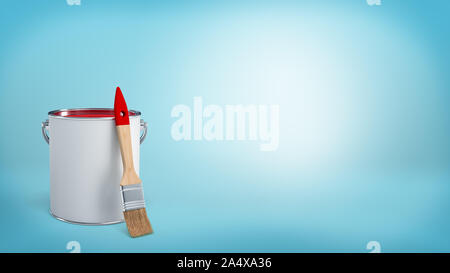 3D-Rendering für eine saubere neue Pinsel stützte sich auf ein Metall Eimer mit roter Farbe auf blauem Hintergrund. Stockfoto