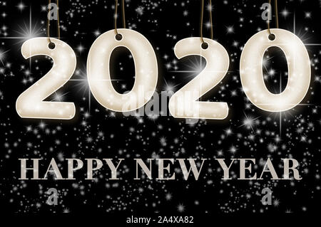Neues Jahr 2020 glücklich. Weiß glitter Textur auf schwarzem Hintergrund Stockfoto