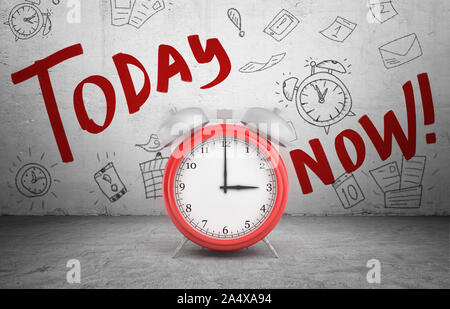3D-Rendering für eine große rote klingelnden Wecker steht auf konkreten Hintergrund mit Worten Heute und Jetzt. Stockfoto