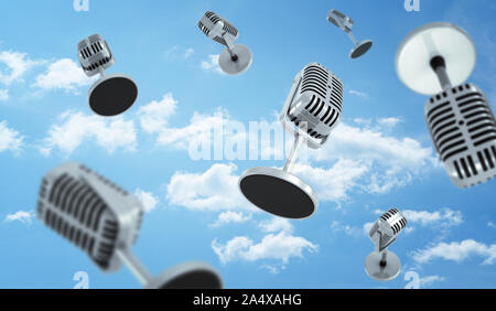 3D-Rendering für eine Viele alte Mikrofone mit einem kleinen runden Tisch stand auf dem bewölkten Himmel Hintergrund. Stockfoto