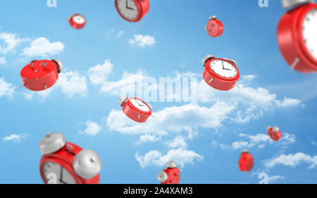 3D-Rendering für eine Vielen rot Retro - Wecker mit Metall Glocken fallen auf bewölkten Himmel Hintergrund. Stockfoto