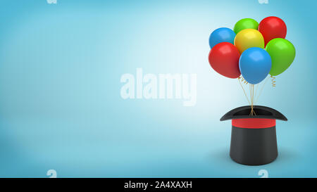 3D-Rendering des großen schwarzen illusionist Hut mit einem roten Band hält viele bunte Luftballons mit einer Zeichenkette gebunden. Stockfoto