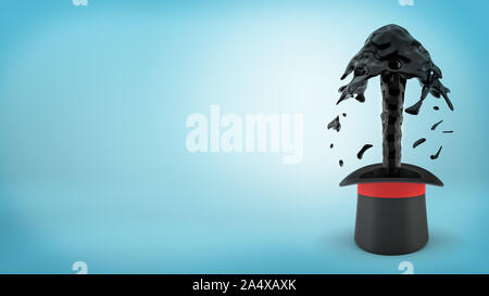 3D-Rendering von einer großen schwarzen illusionist Hut mit einem schwarzen Öl Feder aus Ihm fließt auf blauem Hintergrund. Stockfoto